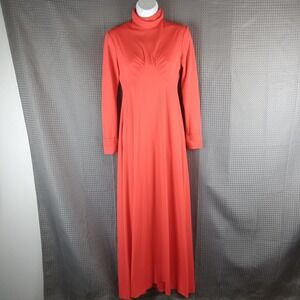 1970s Red Mod‎ Turtleneck Maxi Dress Long Sleeve Ruched Bust Vintage Medium